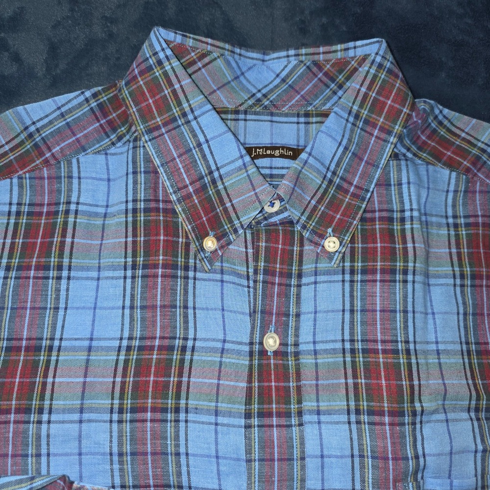 J.McLaughlin Mens Small Blue Plaid Linen Cotton Blend Button Down Shirt Long Slv